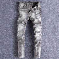Clothing High Street Fashion Retro Jeans Distressed Washed Ripped Patches Slightly Stretch Slim Fit Skinny Jeans Trendy