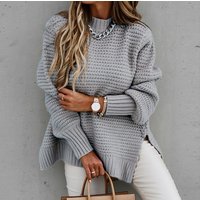 semi turtleneck loose solid long sleeve thick needle side slit knit sweater