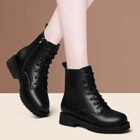 Real Soft Leather Martin Fleece Lined Mid Heel Winter Cotton Shoes Flat Heel Thick Sole