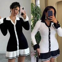 Women's Clothing Slim V Neck Long Sleeve Ruffle Knitted Elegant V-Neck Long Sleeve Ruffle Hem Knit Dress - Flowy & Feminine For Casual & Office Wearโ
