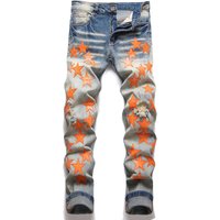 Slim Fit Skinny Jeans Retro Punk American Street Style Ripped Cat Whiskers Star Soft Leather Embroidered