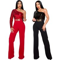 Women's clothing Amazon Foreign Trade New Fashion Fashionable One-shoulder Sleeve Sequined Patchwork Woolen Slim Fit Jumpsuit