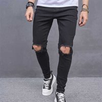 Slim Fit Ripped Knee Jeans Vintage Washed Denim Pants Comfort Stretch Casual Wear