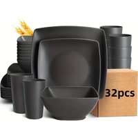 32-piece Plastic Wheat Straw Square Dinnerware Set For 8, Unbreakable Dinner Plates, Salad Plates, Snack Bowls, Tumblers 20 Oz, Black Matte