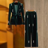 Clothing 2024 high quality velvet beading fashion suit fruit collar blazer lace up elastic wide leg pants two piece set