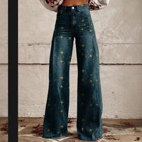 Flared Denim Look Printed Wide Leg Pants 3D Star Design Stretch Polyester Comfort Fit