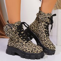 Women's Chunky Heel Ankle Boots With Leopard Print - Round Toe Lace-Up Fashion Boots