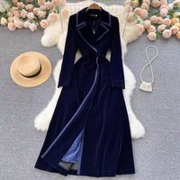 Women's Long Trench Coat With Notched Lapel, Velvet Overcoat, Loose Fit, Knee-Length Elegant Coat For Autumn & Winter