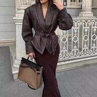  Faux Leather Trench Coat Belted Waist & Lapel Collar Elegant Long Sleeve Jacket Fall Winter 