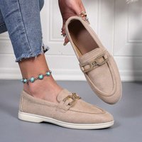 SHLIANG New Comfortable Women Flat Shoes With Metal Chain Lightweight Soft Fabric Slip-On Low-Top Casual Shoes Simple Suede Loafers For Women Y0286