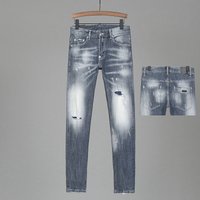 European Style Men's Distressed Slim Fit Jeans Trendy Retro Grey Whiskering Faded Midweight Cotton Long Black Blue Jeans