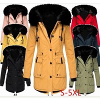 Winter Fleece Lined Parka Coat Thickened Cotton Faux Fur Collar Flared Hem Long Sleeve Casual Outerwear