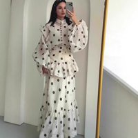 Elegant Retro Court style Dress Spring Polka Dot Long Sleeve Maxi Dress Lantern Sleeve Gown Pleated Beach Vacation Dress