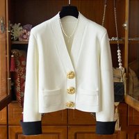 Clothing We highly recommend white contrasting mottled large gold button V neck knitted cardigan texture temperament.