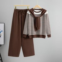 Clothing Elegant Knit Two Piece Set Striped Sweater & Wide Leg Pants Autumn Winter Office Outfit 