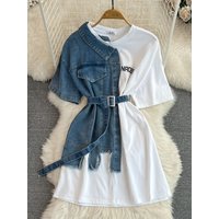 Women's Fitted Waist Round Neck Color-blocked Denim T-shirt, Fashionable And Casual Mid-length Dress