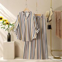 " Striped Print V Neck Lounge Set Soft Long Sleeve Top & Comfort Pants Autumn Winter Matching Outfit"