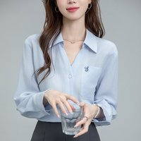 Real Shot Blue Shirt For Women Early Autumn Commuter V-Neck Lapel Embroidery Tencel Linen Long Sleeve Shirt For Women