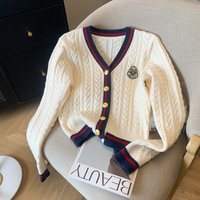 Clothing 2024 Spring College Style V neck Contrast Knitted Cardigan Waist Slimming Cable Knit Sweater Jacket Tops