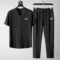 Clothing Short Sleeved Ice Silk Linen Suit Summer Large Loose Mid Sleeve T Shirt Cotton Linen Two Piece Suit