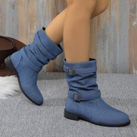 Shoes large buckle denim buckle fashion boots 2024 autumn winter square heel round head outdoor boots