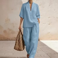 Solid Linen Two Piece Set Casual Comfortable Minimalist Spring Summer mid Waist Full Length Pants European American Style