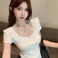Ng2510292 Heavy duty Rhinestone embellished Round neck Short sleeve T shirt Summer Style Pure Alluring Sweet