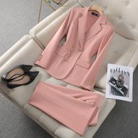 Clothing Suit Sets Professional Blazer & Pants Outfit Office Interview Host Stretch Polyester Black White Pink