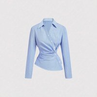 Clothing Striped Asymmetrical Long Sleeved Blue & Striped Asymmetrical Blouse – Twist Knot Detail Long Sleeve Casual Chic