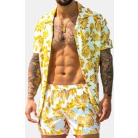 European and American cross-border men's casual loose Hawaiian beachwear three-color printed short-sleeved suit casual two-piece set