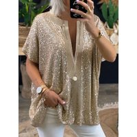 Women's New Loose Sequined V-neck Short-sleeved Casual Shirt