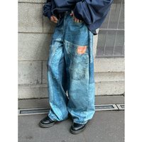 Vintage Washed Patchwork Jeans For Men & Women – Distressed Denim Pants With Printed Design, Relaxed Fit & Straight Wide Leg