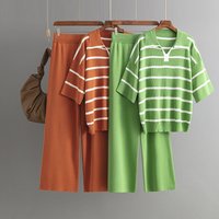 Clothing Contrast Striped Fashion Suit Summer Casual Loose Knitted Wide Leg Pants Two Piece Suit