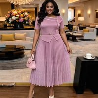 Spring Summer Short Sleeve Pleated Dress High End Versatile Asymmetrical Neckline Fashionable Simple Design