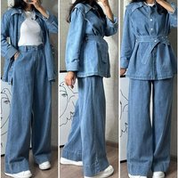 Clothing Long Sleeved Denim Jacket Wide Leg Jeans Two Piece Set