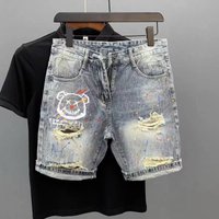 Men's Clothing Summer Thin Fashion Ripped Patch Denim Shorts Men's Trendy Brand All Match Cat Whisker Distressed Beggar Five Point Pants