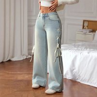 Women's Clothing Women's Peacock Blue Wide Leg Jeans - High Waist Relaxed Fit With Side Ribbon Detail