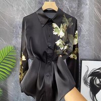 Retro Chinese style black printed silk top mulberry silk long sleeve shirt