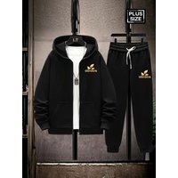 Men'S Plus Size Hoodie And Sweatpants Set Print Casual Style Regular Fit Geometric PatternSlight Stretch Fabricwith Pockets For Fall/Winter Essential