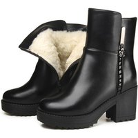 Soft Leather Short Sheepskin Thick Sole Chunky Heel Waterproof Platform Full Wool Lined Cotton Shoes