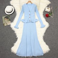 Women's Clothing Autumn And Winter Style Lady Temperament Slim V Neck Ruffled Long Sleeves Mid Length Knitted Fishtail Dress