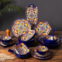 Bohemian Ceramic Dinnerware Set Underglaze Hand Painted Bowls & Plates Handles Vintage Style Home & Restaurant