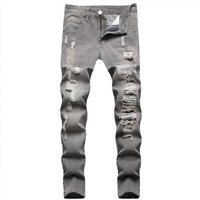 Men's Clothing Ripped Casual Gray Washed Jeans Elastic Mid Waist Slim Trousers