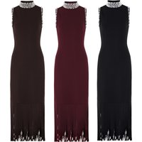 Elegant Pearl-Embellished High-Neck Sleeveless Knit Dress With Waist Accent & Fringe Detail Versatile Styling