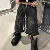 Clothing High Street Washed Distressed Multi Pocket Straight Shorts Drawstring Raw Edge Loose Denim Zipper Work Shorts