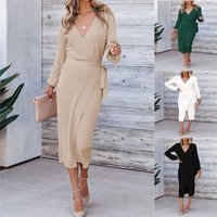 Women’s Clothing autumn and winter new women’s long skirt sexy V neck snake cloth knitted ladies dress