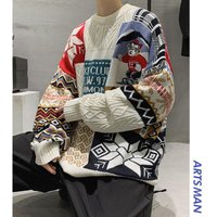 Men's Clothing retro bear sweater men's round neck lazy style loose autumn and winter couple wear knitted clothes trend