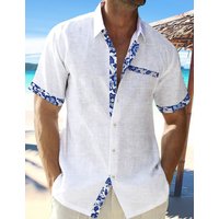 Hawaiian Print Short Sleeve Cardigan Beach Vacation Shirt Contrast Cuffs & Placket
