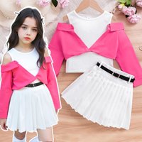 European Summer 3 Piece Outfit – Off Shoulder Top + Pleated Skirt Belt 