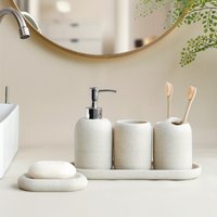 5pcs Bathroom Set: Soap Dispenser, Mouthwash Cup, Toothbrush Holder, Soap Dish, Tray With Yellow Sandstone Pattern